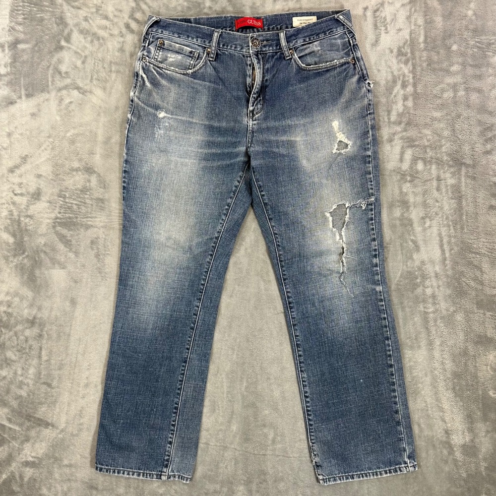 Guess Del Mar Slim Straight Jeans Mens Size 34x30 Blue Distressed Denim Pants
